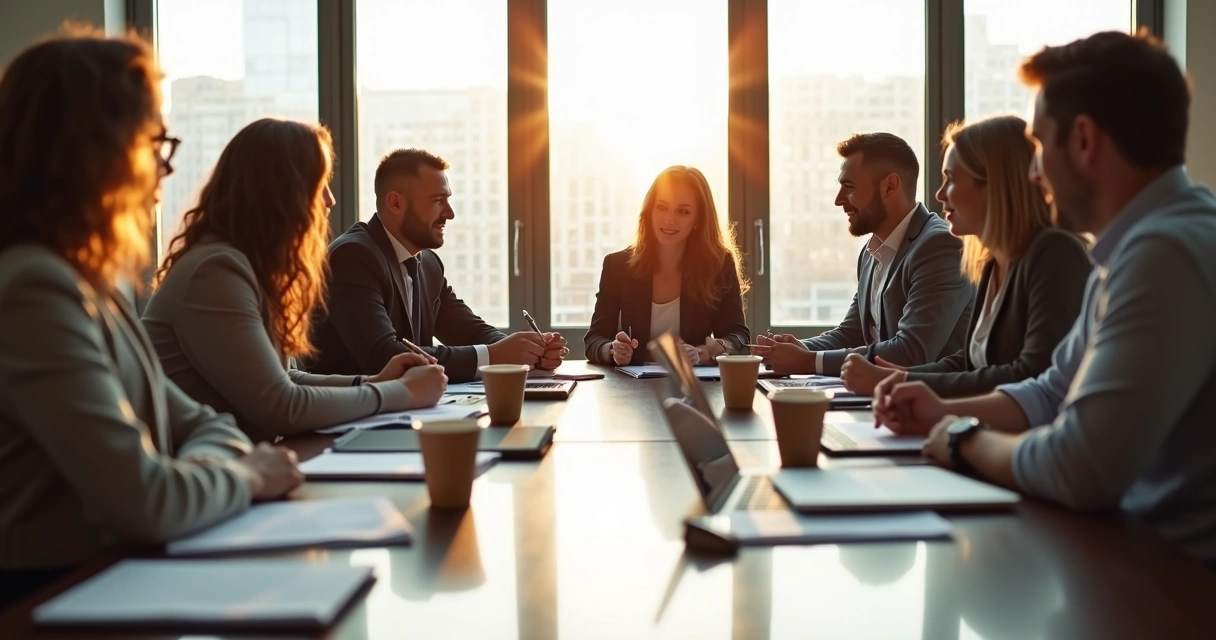 Equipe corporativa em reunião dialogando intensamente à mesa
