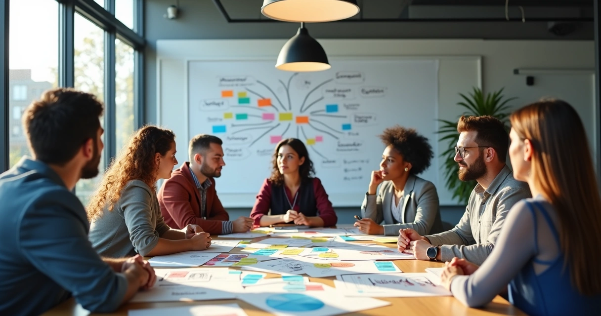 Equipe diversa discutindo padrões à mesa de reunião 