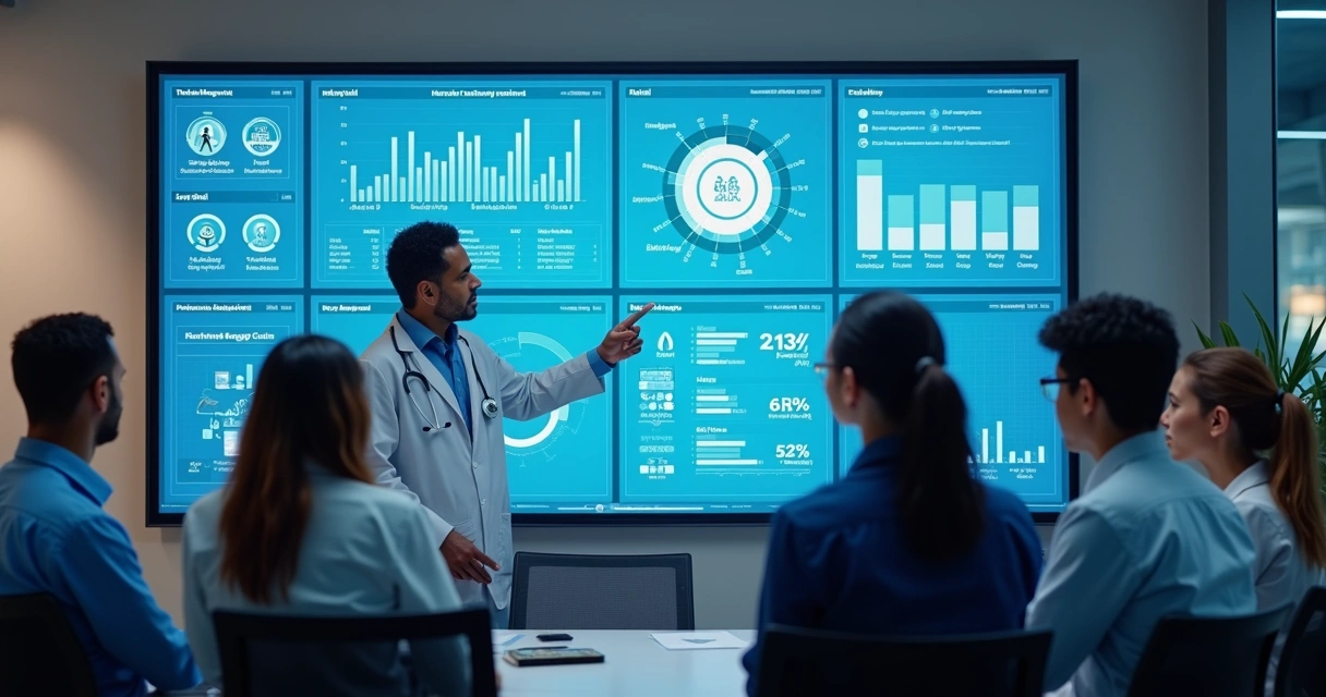 Equipe discutindo diante de dashboard de sistema de saúde 