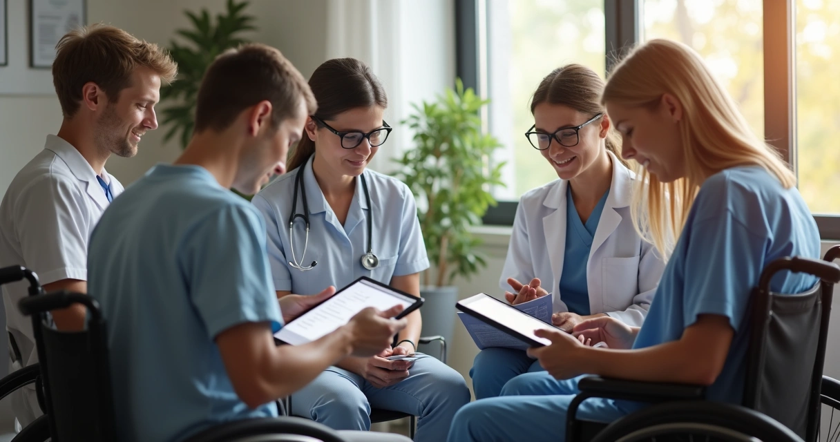 Equipe de terapeutas discute prontuário ao lado de paciente na reabilitação 