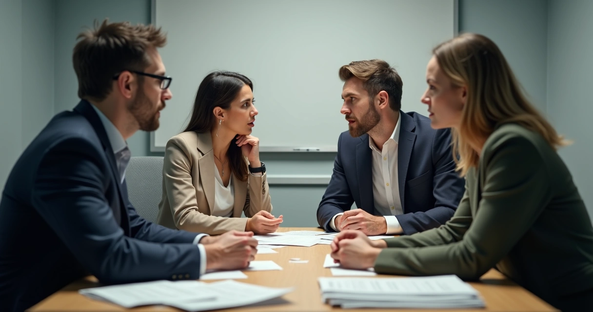 Grupo de colegas discutindo em reunião com rostos tensos. 