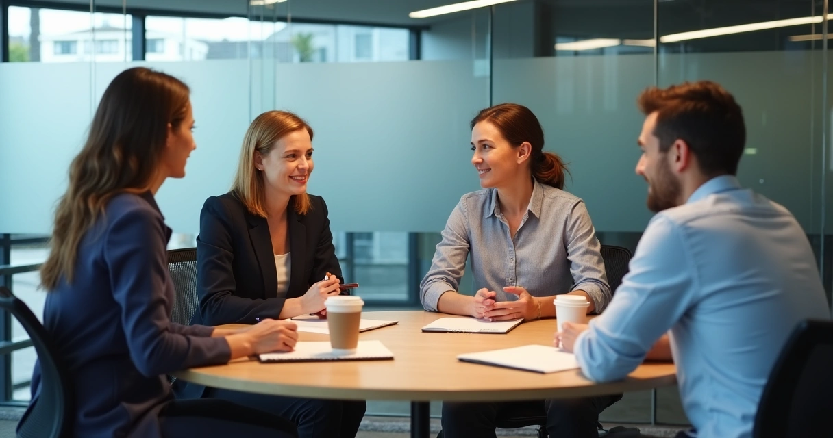 Equipe reunida em sala de reunião, conversando de forma aberta 