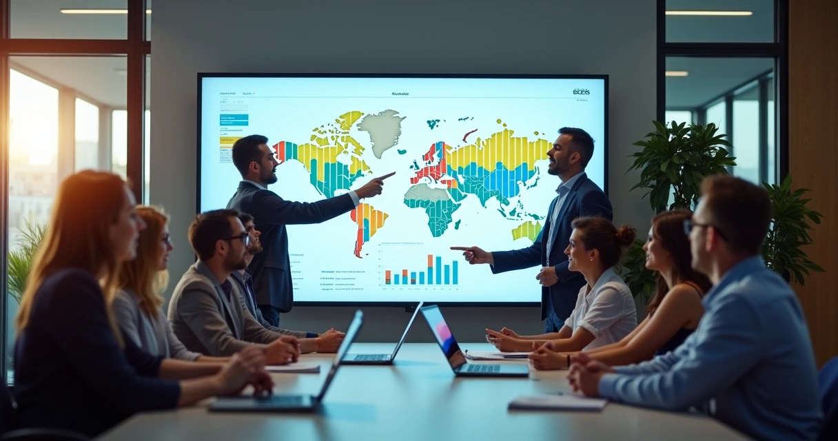 Equipe comercial discutindo dados de vendas em tela grande em sala moderna 