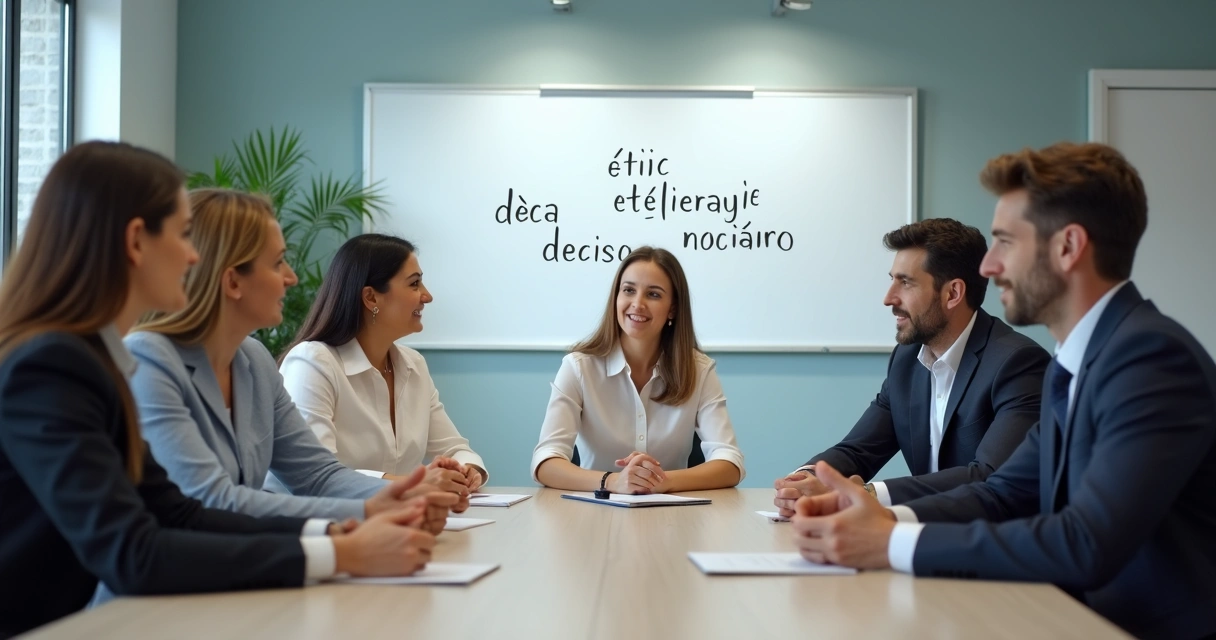Líderes em reunião debatem dilemas éticos.