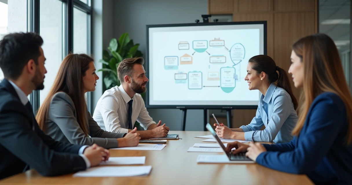 Equipe reunida discutindo dilemas éticos em mesa de escritório 