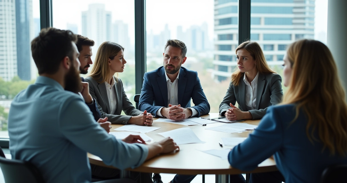 Equipe reunida, avaliando cenários para decisão ética em ambiente colaborativo 