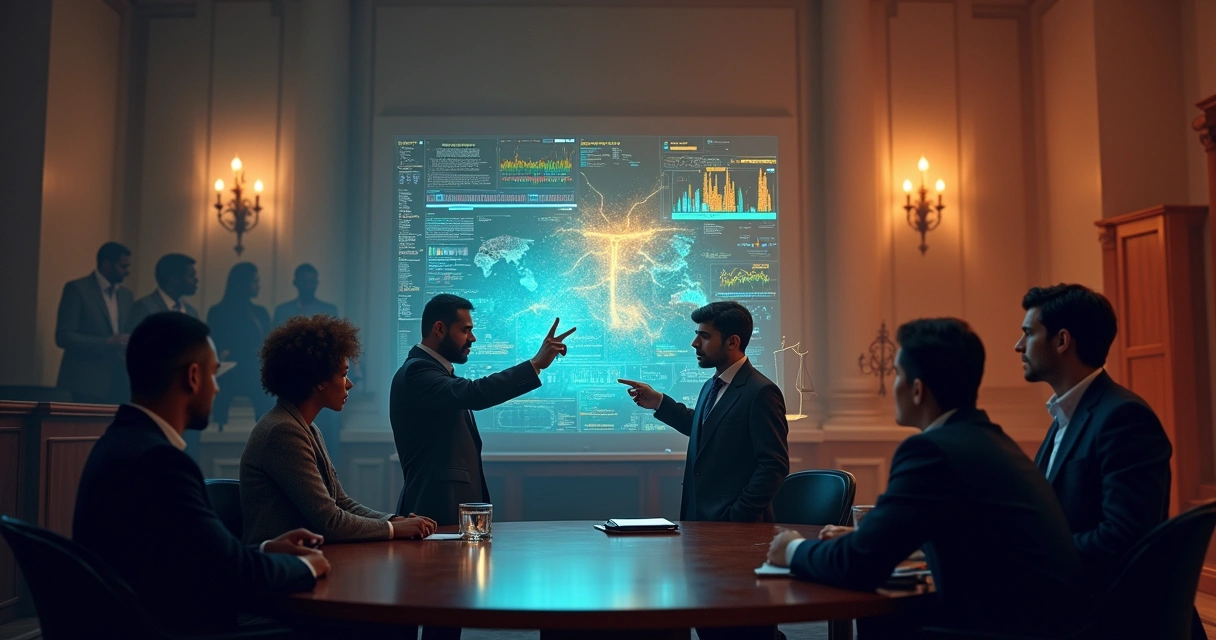 Representação de profissionais do Direito discutindo ética da IA em um tribunal moderno com holograma de dados.