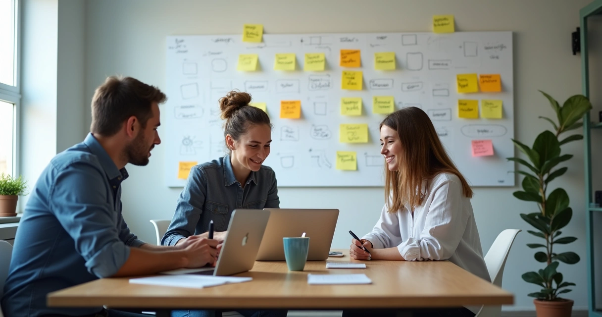 Três pessoas em reunião analisando critérios éticos para um novo produto