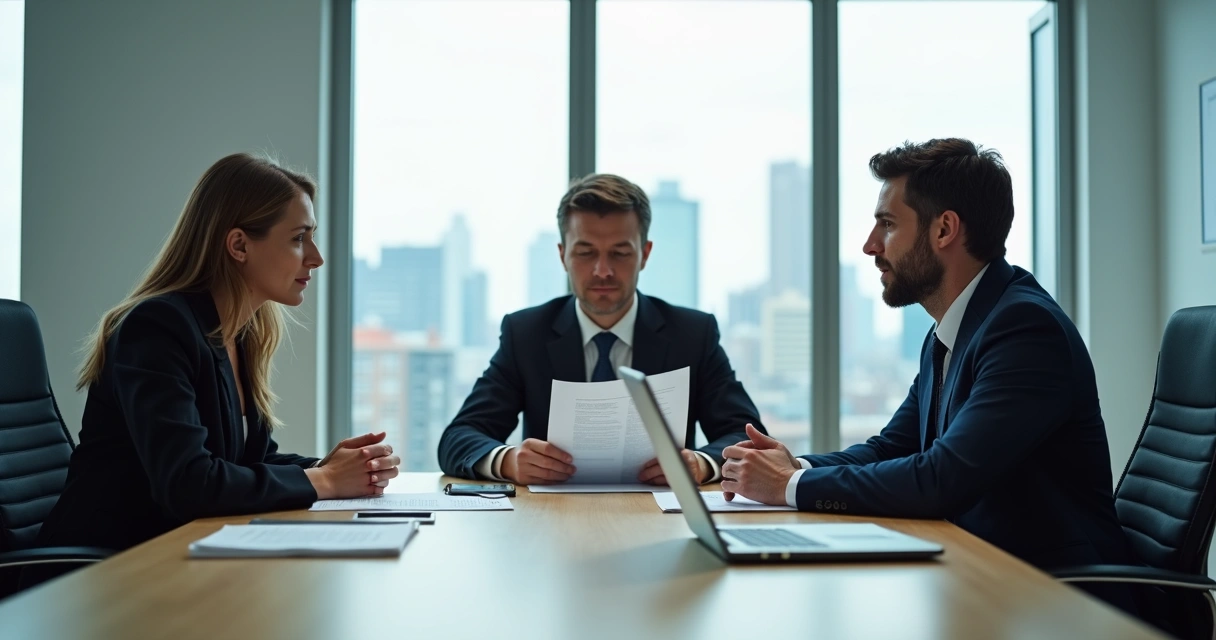 Colegas de trabalho debatendo sobre um dilema ético em uma sala de reunião 