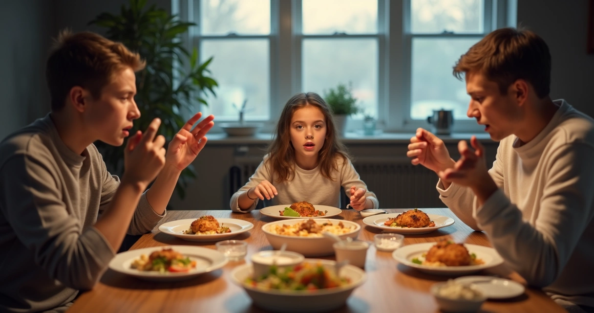 Discussão entre dois adultos e adolescente na mesa de jantar