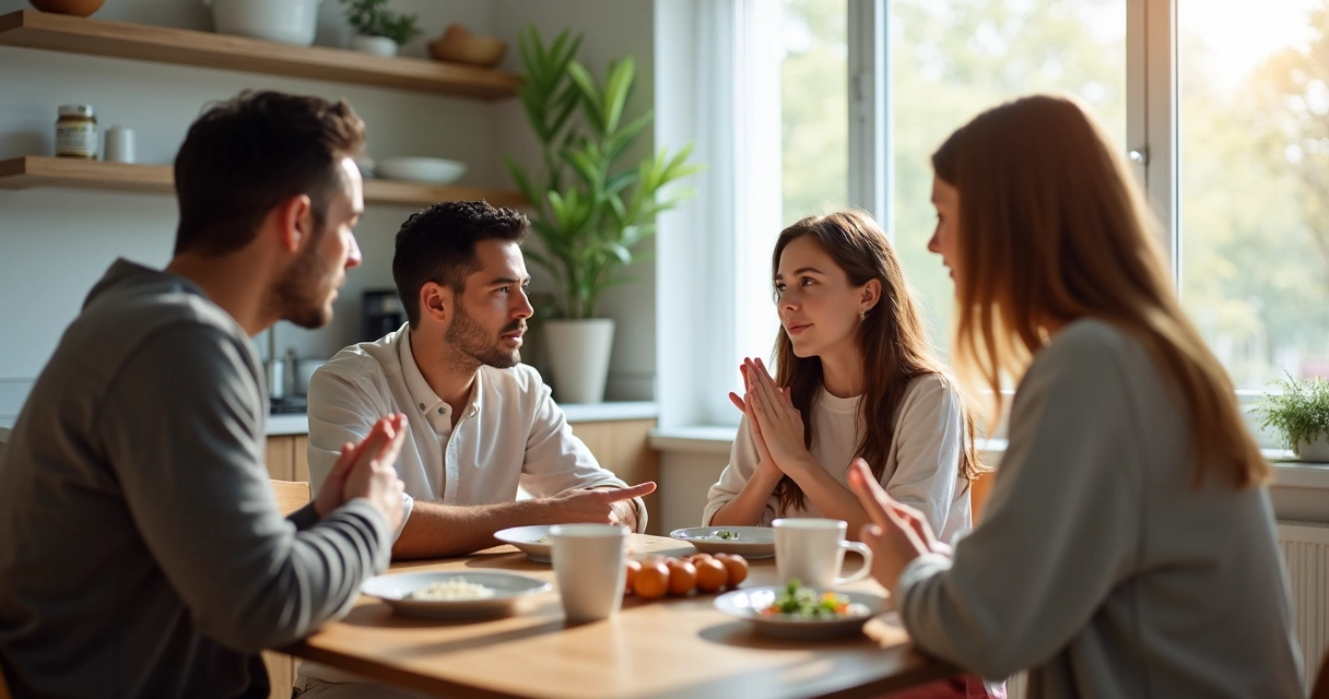 Pais e filhos dialogando calmamente durante discussão familiar em torno de uma mesa de jantar 
