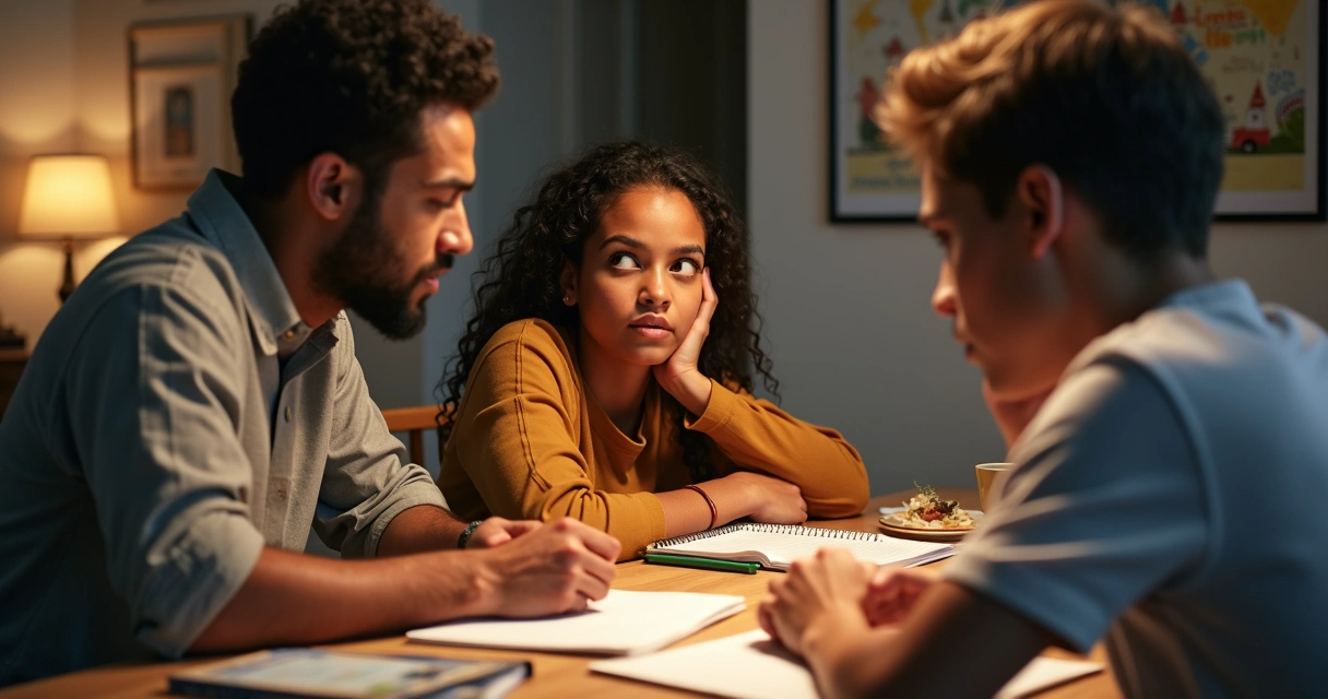 Pais e jovem conversando sobre carreira em mesa de jantar 