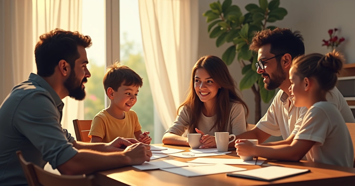 Família reunida discutindo finanças em mesa de jantar