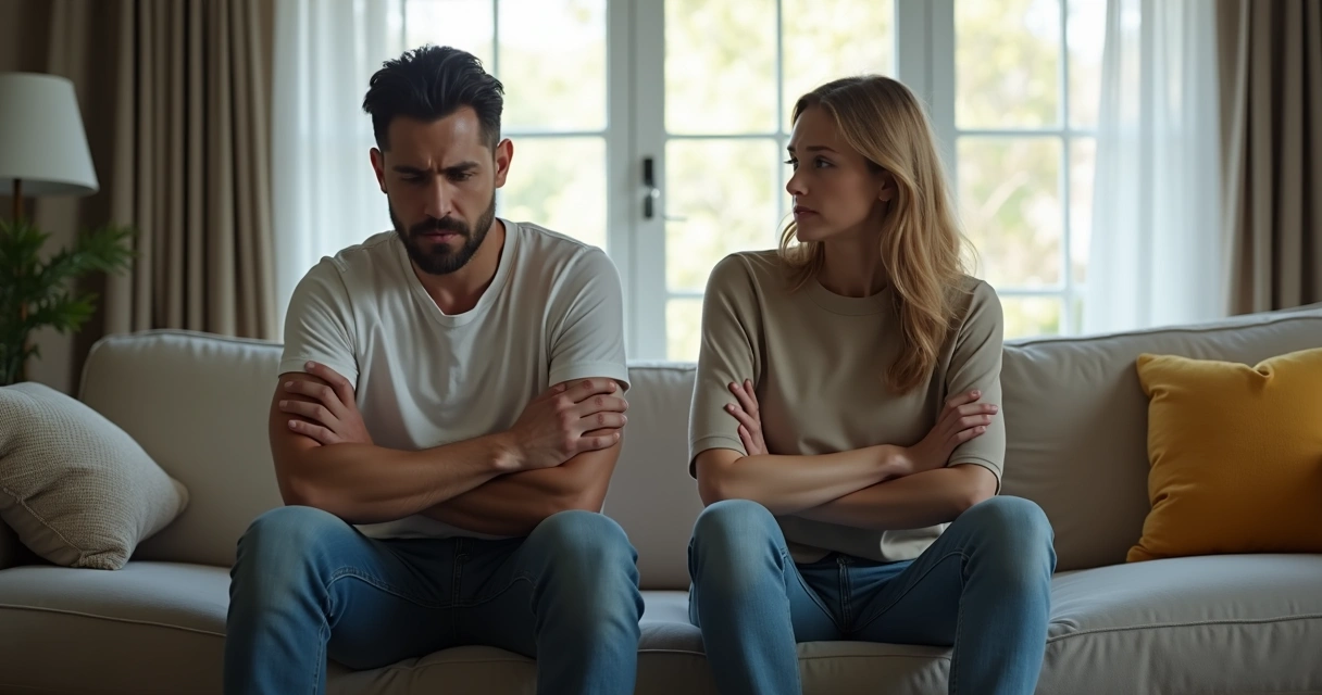 Duas pessoas discutindo sentadas em uma sala, expressando tensão e distância emocional 