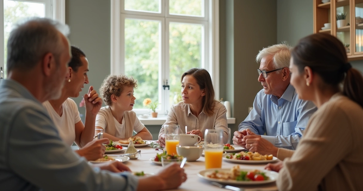 Família sentada à mesa discutindo com diferentes expressões no rosto. 