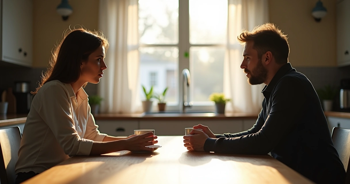 Duas pessoas sentadas à mesa, em silêncio, com expressões fechadas.