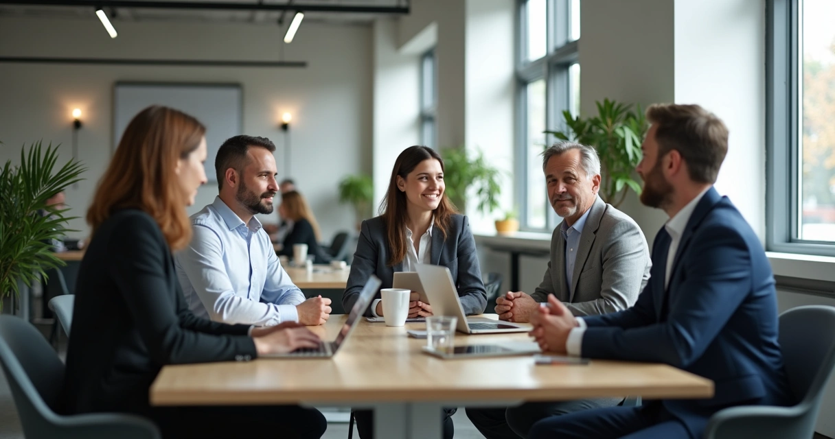 Pessoas em discussão respeitosa em ambiente de trabalho moderno com escritório claro e elementos corporativos 