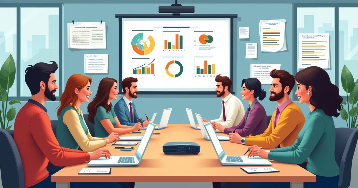 Grupo diversificado de funcionários discutindo feedback do cliente em uma reunião de escritório moderno.