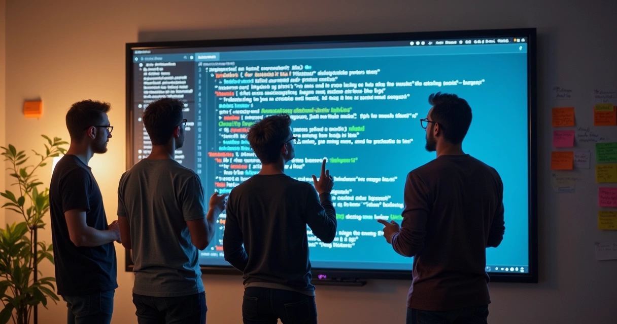 Time reunido em frente a tela grande discutindo pontos de revisão de código 