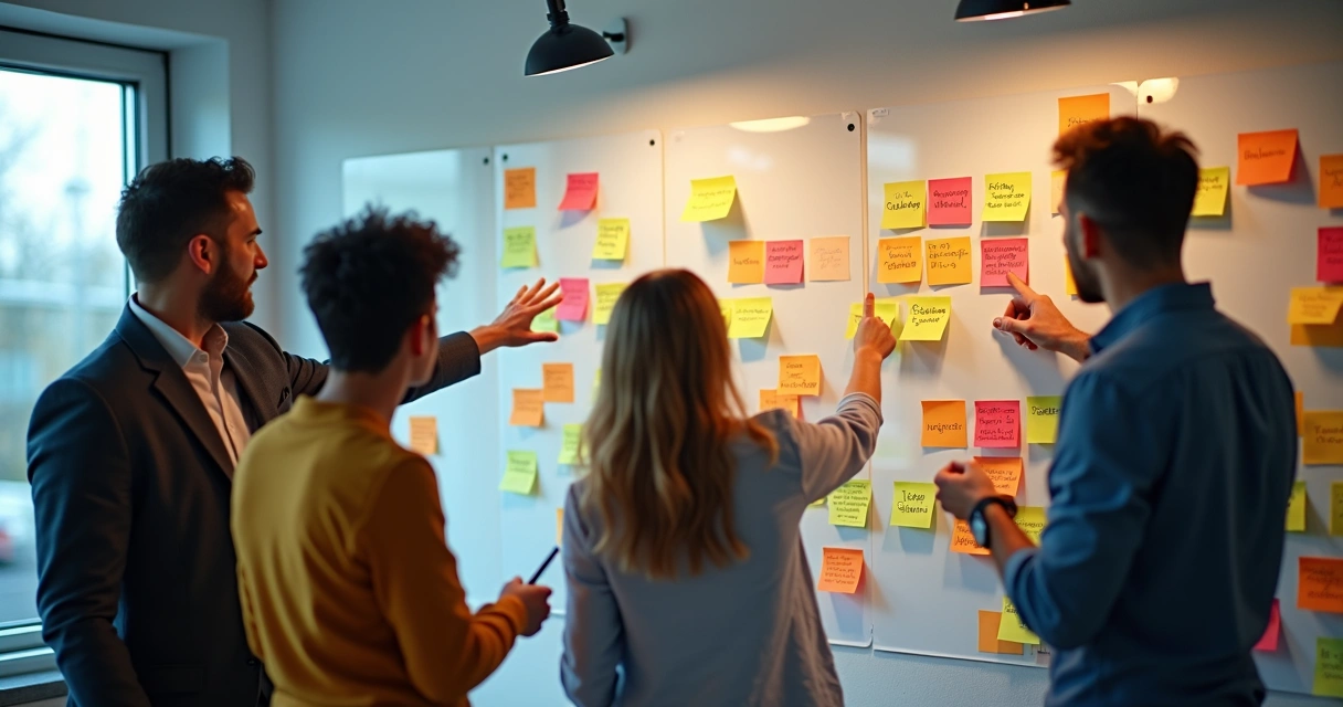 Equipe de marketing discutindo feedbacks negativos recebidos em uma campanha, com post-its coloridos na parede