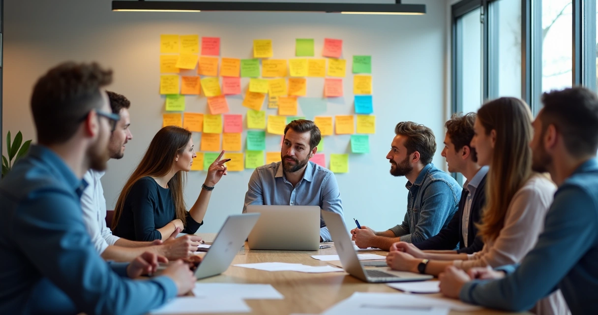 Equipes de diferentes áreas reunidas discutindo feedbacks de clientes na parede com post-its