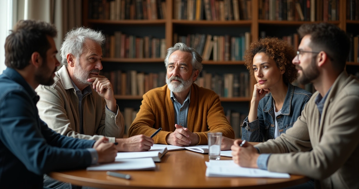 Discussão entre pessoas em uma mesa redonda com livros, tomando notas e debatendo. 