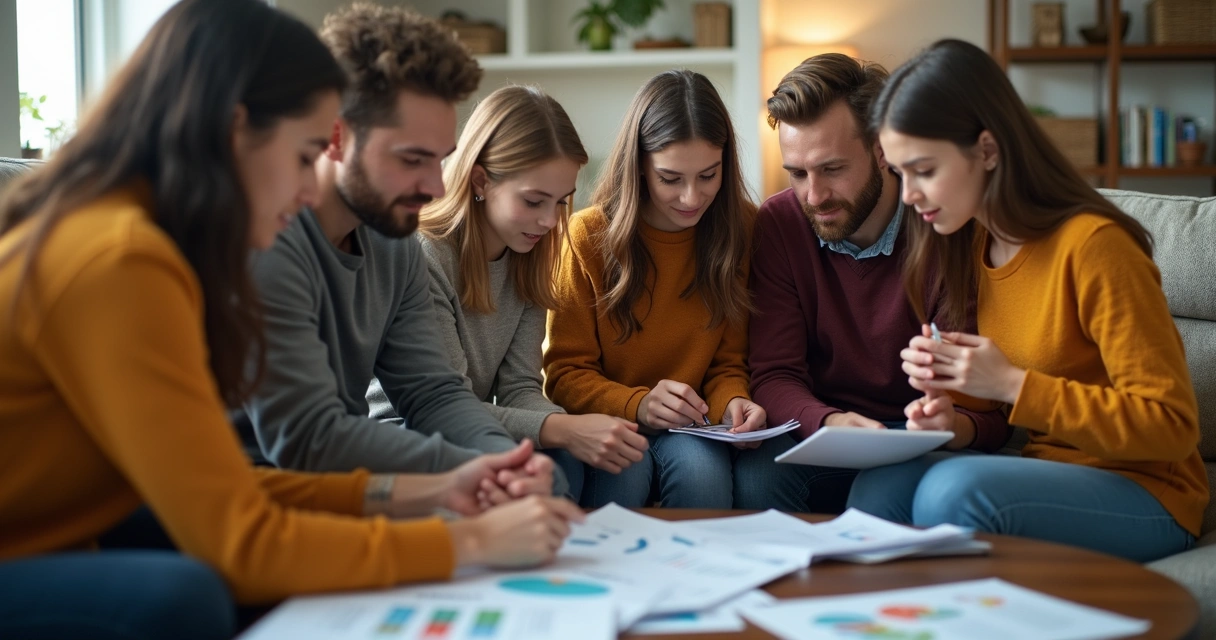 Família sentada no sofá discutindo sobre finanças com papéis e notebook 