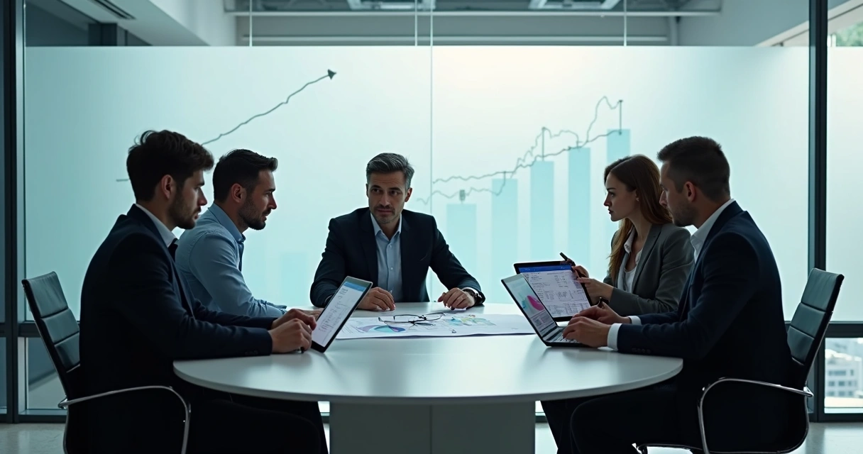 Gestores discutindo estratégias em uma sala de reunião moderna