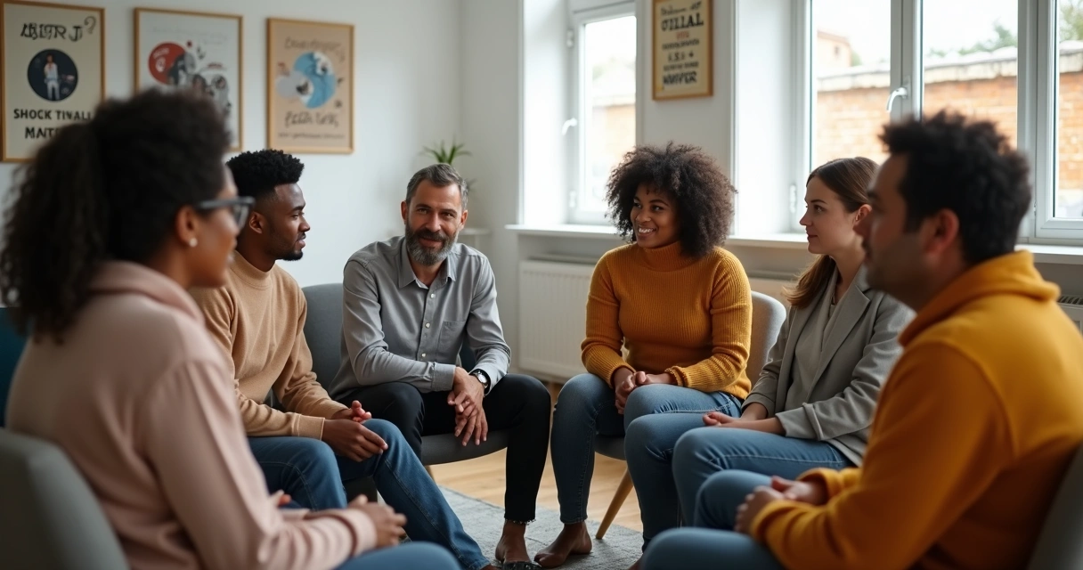 Grupo de pessoas com diferentes idades e cores de pele conversando em círculo. 