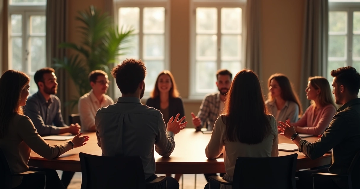 Grupo de pessoas sentadas em círculo discutindo de forma respeitosa 