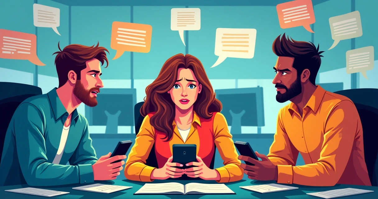 Discussão intensa entre pessoas usando celular em ambiente de trabalho