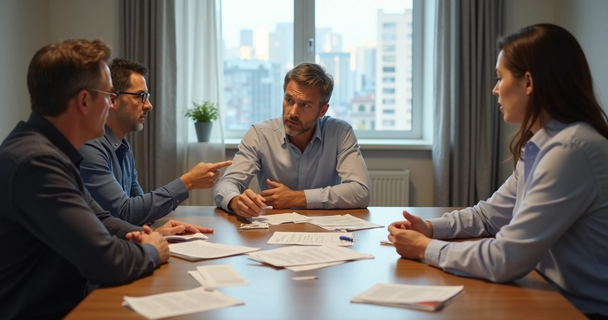 Três pessoas discutindo ao redor de uma mesa de condomínio 