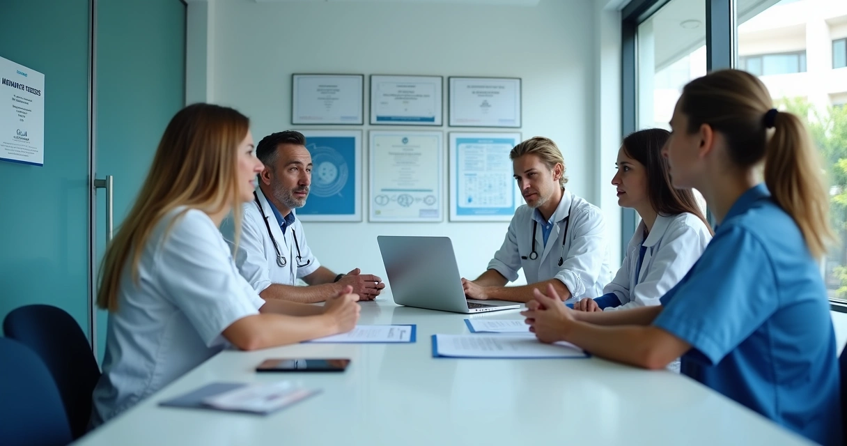 Reunião séria entre sócios e família em clínica de medicina 