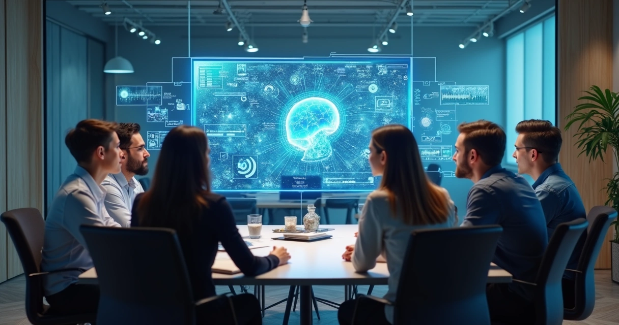 Equipe discutindo estratégia de marketing criativa com IA projetada ao fundo 