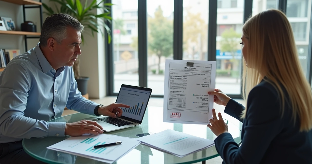 Advogada e cliente discutindo cobrança de ITBI na recepção de uma imobiliária moderna 