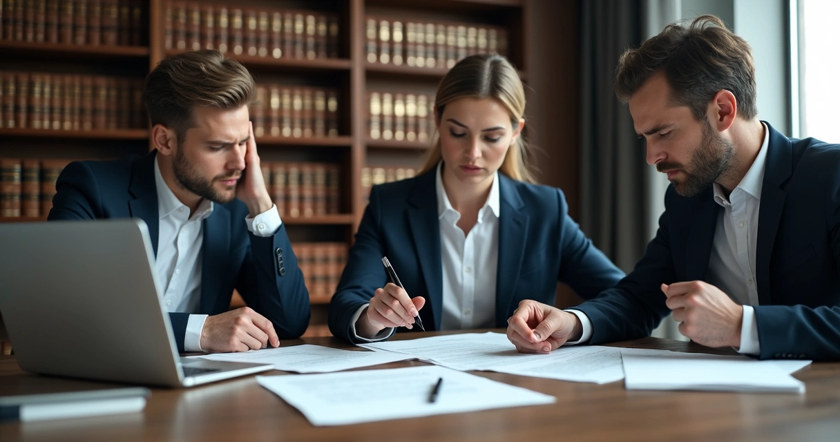 Mesa com dois advogados analisando documentos e falando com pessoa preocupada 