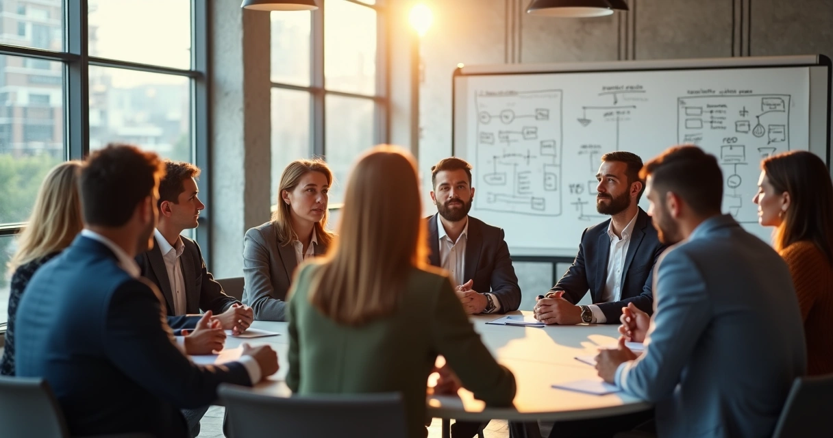 Grupo de pessoas em círculo discutindo liderança na empresa 