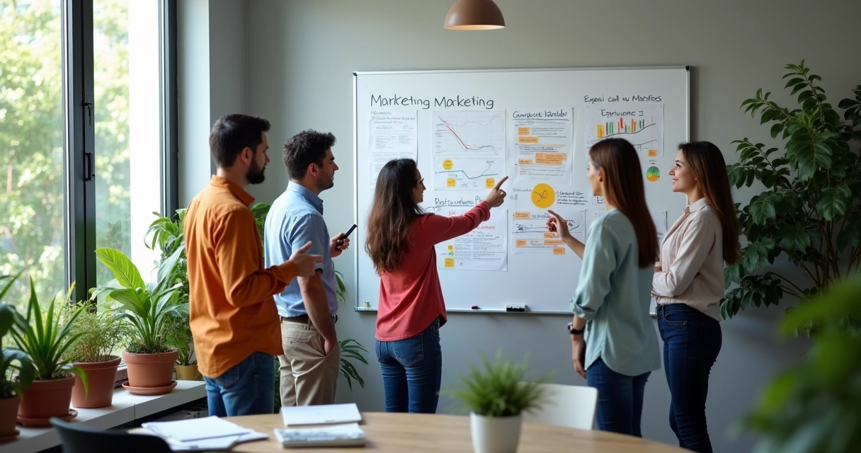 Equipe de marketing discutindo estratégia em quadro branco 