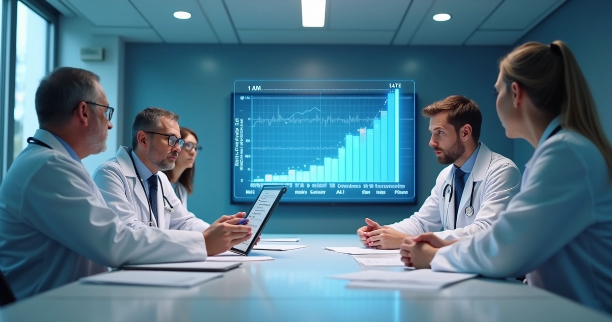 Médicos discutindo decisão de IA em clínica 