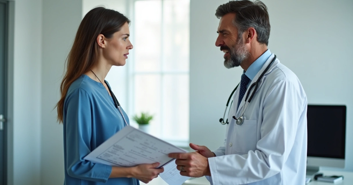 Médico e paciente discutindo em consultório, ambos em pé próximos a mesa, expressando tensão, prontuário sobre a mesa 