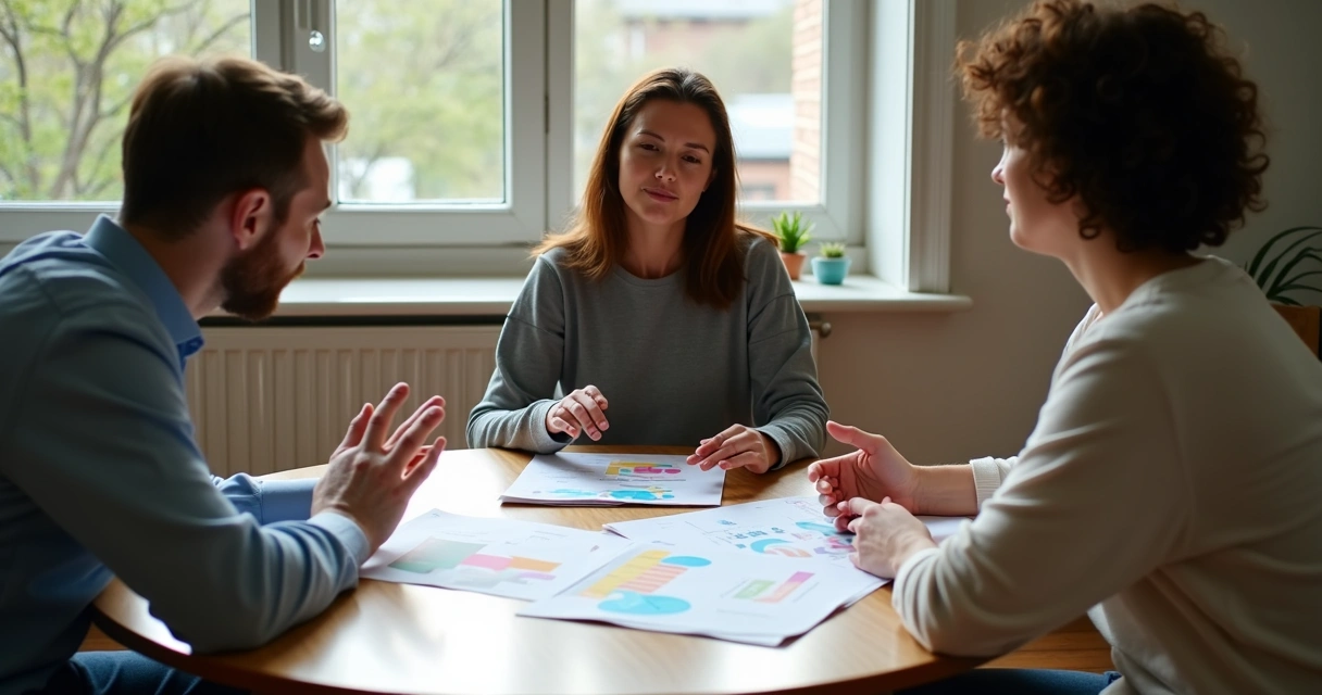 Pessoas discutindo ao redor de uma mesa com papéis e gráficos