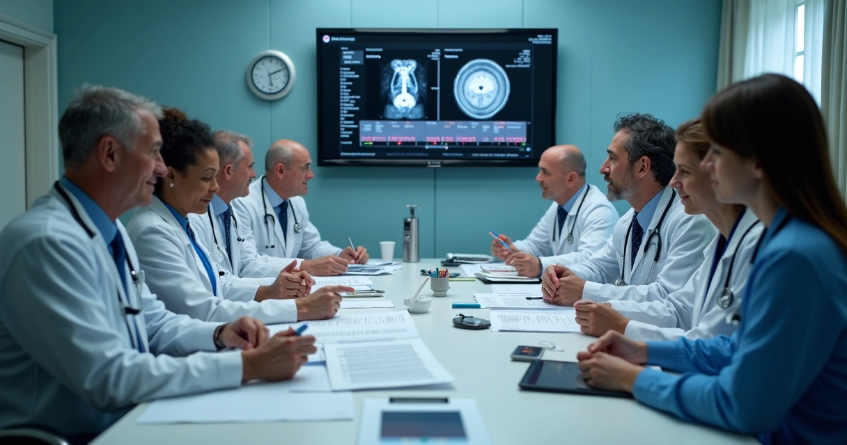 Equipe médica analisando exames e compartilhando opiniões em reunião 