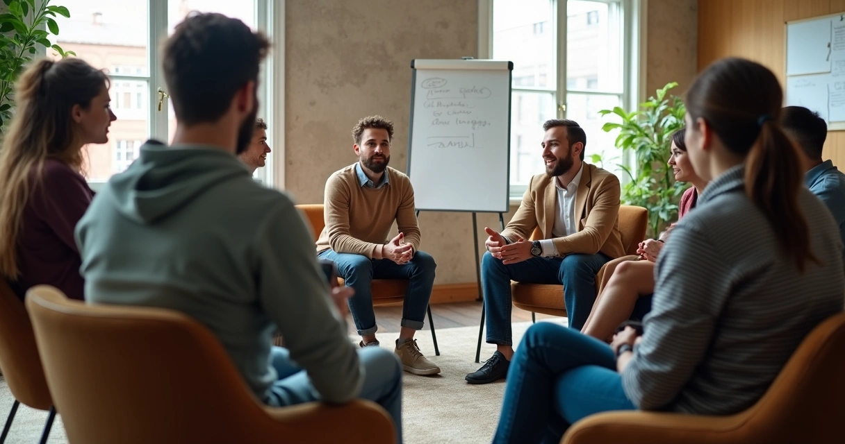 Colaboradores conversando em círculo, com expressões sinceras e abertas, refletindo debate construtivo
