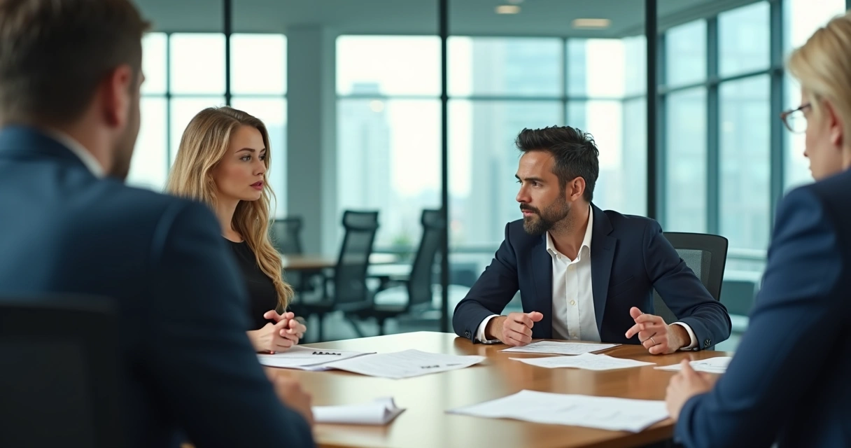 Duas pessoas em reunião de trabalho tendo uma discussão, com expressões tensas e papéis sobre a mesa. 