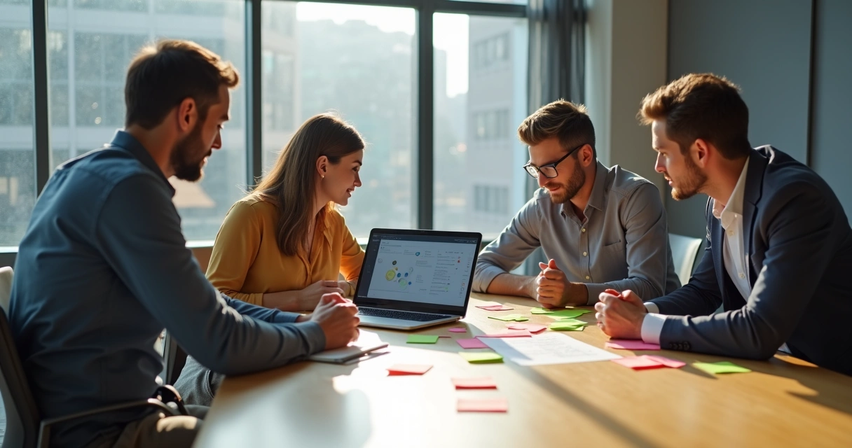 Equipe reunida discutindo objeções de clientes 
