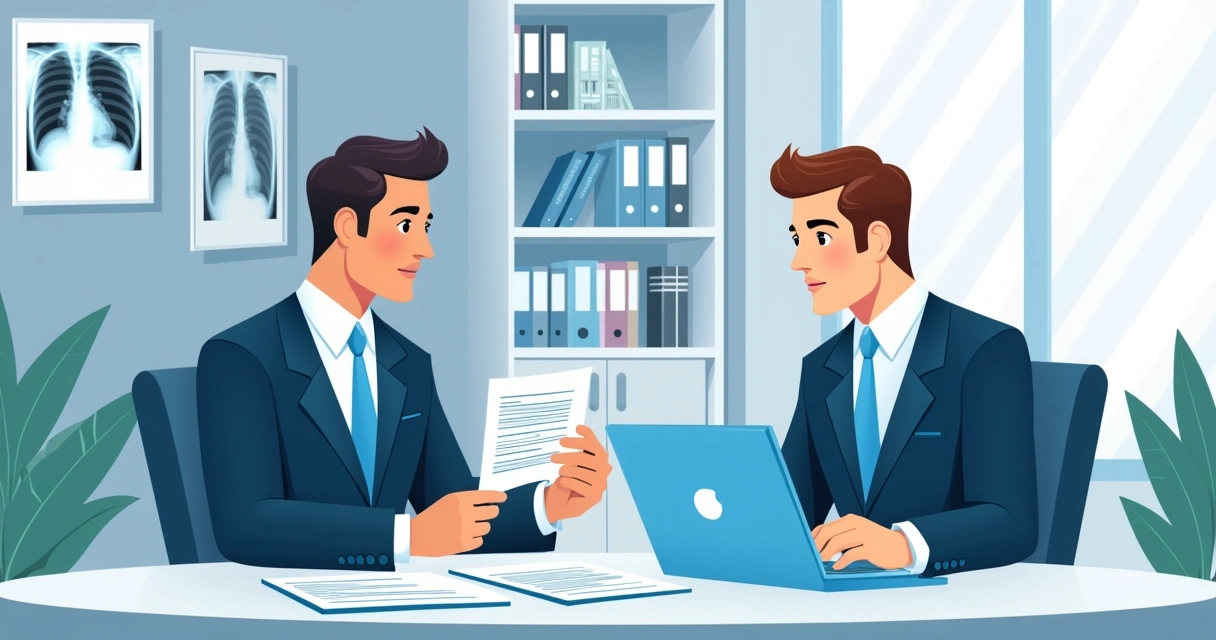 Peritos analisando documentos médicos em mesa de escritório 