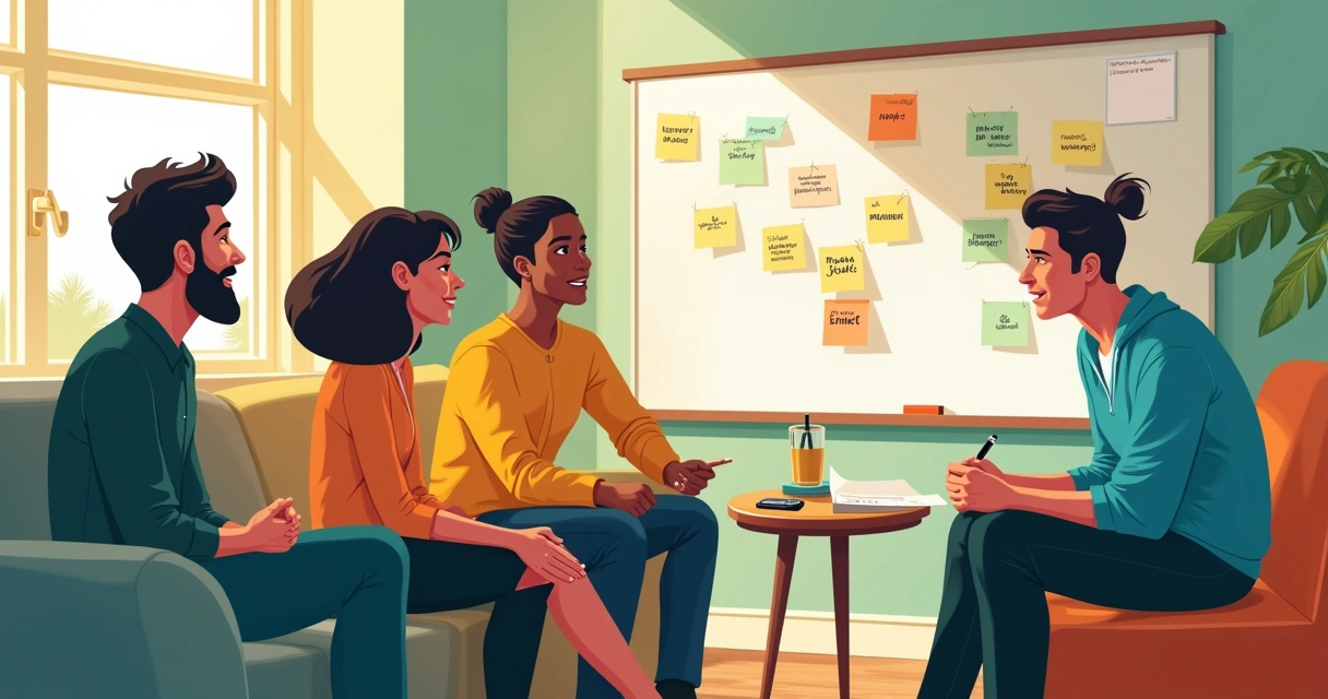 Grupo diversificado de pessoas em discussão sobre pesquisa qualitativa em um ambiente acolhedor.