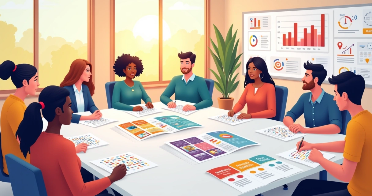 Grupo discutindo os planos do Pipedrive com folhetos e ambiente de escritório iluminado.