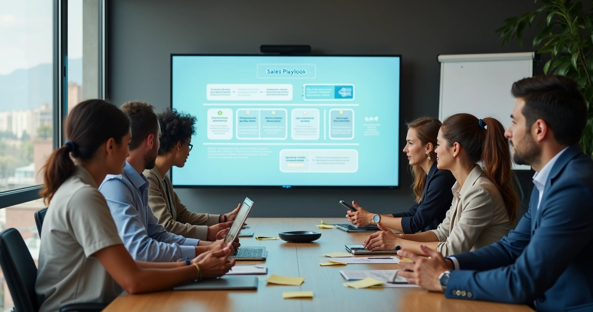 Equipe de vendas analisando playbook digital em reunião 