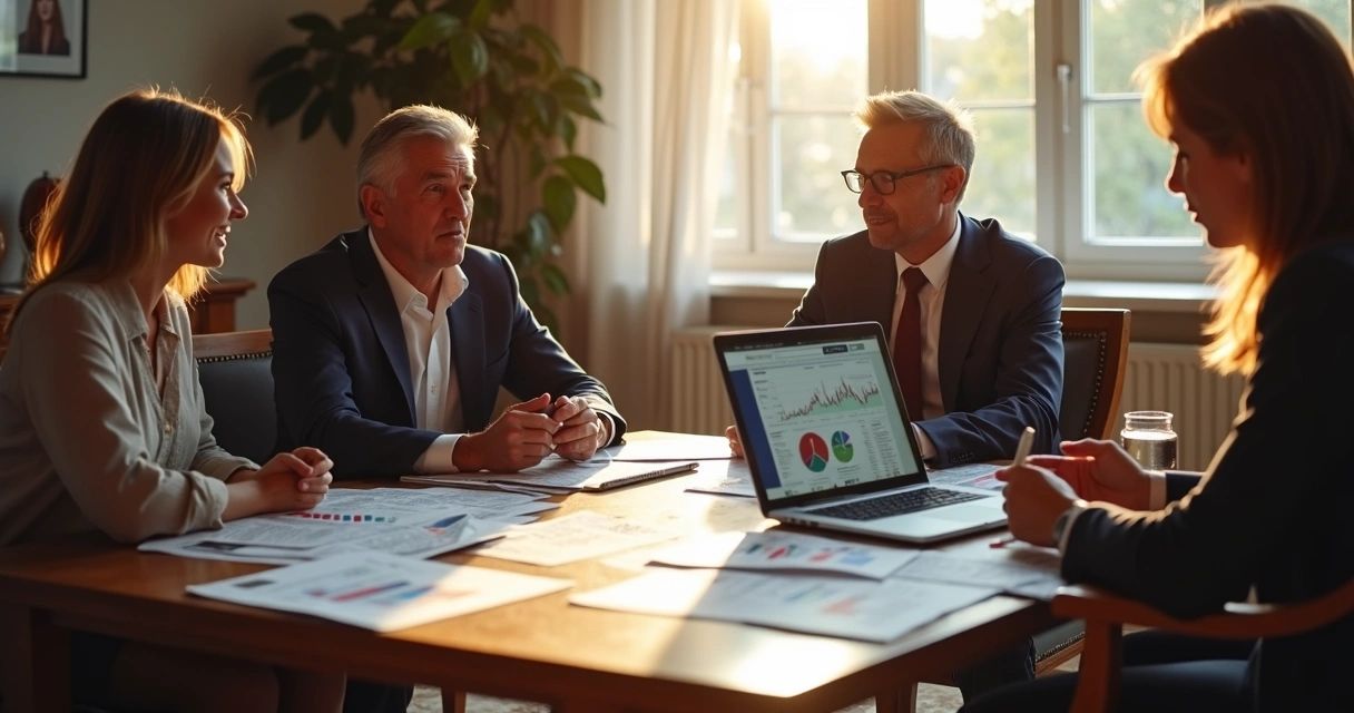 Mesa de café com pessoas discutindo política, gráficos e jornais